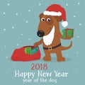 Christmas card with a cute dog in a Santa hat and gifts