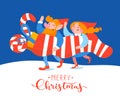 Christmas card with cute elf characters holding a sock with gifts and sweets