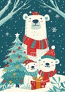 Christmas card with cute family polar bears in hats and scarves. Christmas greeting card illustration