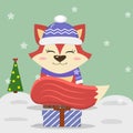 Christmas card with cute fox in a blue hat Royalty Free Stock Photo