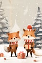 Christmas card with cute foxes holding gift boxes.