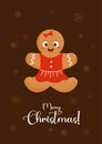 Christmas card with cute gingerbread man girl and inscription Merry Christmas. Vector illustration. vertical Template Royalty Free Stock Photo