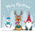 Christmas card with cute gnome, reindeer and snowman