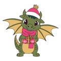 Christmas card with a cute green dragon symbol of 2024. Funny green dragon with a gift. Merry Christmas and Happy New