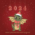 Christmas card with a cute green dragon symbol of 2024. Funny green dragon with a gift. Merry Christmas and Happy New