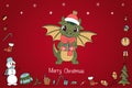 Christmas card with a cute green dragon symbol of 2024. Funny green dragon with a gift. Merry Christmas and Happy New