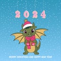 Christmas card with a cute green dragon symbol of 2024. Funny green dragon with a gift. Merry Christmas and Happy New