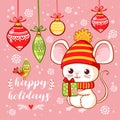 Christmas card with a cute little mouse that holds a gift in his hands on a pink background with Christmas toys