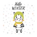 Christmas card with cute little zebra. Funny winter animals, cartoon character. Inspiration phrase Hello winter. Hand drawn