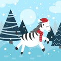 Christmas card with cute little zebra, funny winter animals, cartoon character