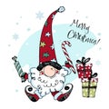 Christmas card with cute Nordic gnome with gifts. Doodle style.