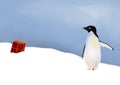 Christmas card with a cute penguin and a gift in the snow