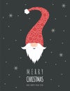 Christmas card with cute scandinavian gnome in red hat. Season greetings.