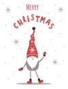 Christmas card with cute scandinavian gnome in red hat. Season greetings.
