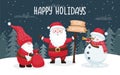 Christmas card with cute smiling characters in a snowy forest. Santa, snowman and gnome with gifts wish happy holidays. Color Royalty Free Stock Photo