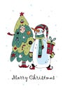 A Christmas card with a cute snowman with gifts and a cheerful Christmas tree. Doodle style. Vector.