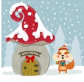 Christmas card with cute squirrel and fairy house. Flat design. Vector