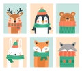 Christmas card with cute winter animals. Bear, fox, raccoon, deer, penguin and rabbit. Vector illustration