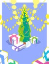 Christmas card with 3d effect. Bright garland and gift boxes under the Christmas tree. Holiday season illustration with lots of