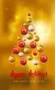 Christmas card with decorated bright gilded balls on a golden lighted background