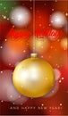 Golden lighted with decorated, bright, gilded balls on Christmas card -