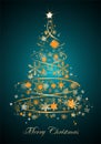 Christmas tree with orange stars and golden snowflakes - vector