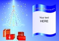 Christmas card decorated with Xmas tree, balls and gift boxes blue ing1a