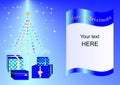 Christmas card decorated with Xmas tree, balls and gift boxes blue ing2a