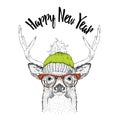 Christmas card with deer in winter hat. Merry Christmas lettering design. Vector illustration Royalty Free Stock Photo