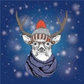 Christmas card with deer in winter hat. Merry Christmas lettering design. Vector illustration Royalty Free Stock Photo