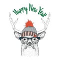 Christmas card with deer in winter hat. Merry Christmas lettering design. Vector illustration Royalty Free Stock Photo