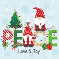 Christmas card design with cute gnomes, tree and peace Royalty Free Stock Photo