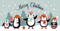 Christmas card design with cute penguins on an winter landscape