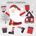 Christmas card design with cute santa, gifts, house and tree