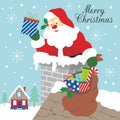 Christmas card design with cute santa and gifts sack on the chimney at the roof top Royalty Free Stock Photo