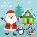 Christmas card design with cute santa, penguins and house Royalty Free Stock Photo