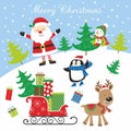 Christmas card design with cute santa, snowman, reindeer gifts and sleigh Royalty Free Stock Photo