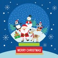 Christmas card design with cute santa, snowman, reindeer and penguin in the snow globe Royalty Free Stock Photo