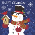 Christmas card design with cute snowman and bird Royalty Free Stock Photo