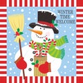 Christmas card design with cute snowman broomstick and candy cane Royalty Free Stock Photo