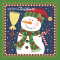 Christmas card design with cute snowman and broomstick Royalty Free Stock Photo