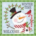Christmas card design with cute snowman candy cane and bird