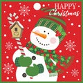 Christmas card design with cute snowman, candy cane and ird house