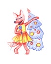 Christmas card design. Fox singing near the Christmas tree. Illustration on white background Royalty Free Stock Photo