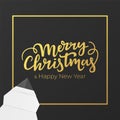 Christmas card design with gold lettering and foil frame. Festive postcard for winter holidays. Background of black premium paper Royalty Free Stock Photo