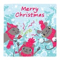 Christmas card design. Party. Colorful vector illustration of three cute mice joyfully celebrating holidays in hand Royalty Free Stock Photo