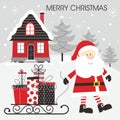 Christmas card design with santa, gifts, sleigh and house Royalty Free Stock Photo