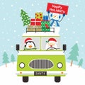 Christmas card design with santa, penguin, snowman and gifts n the car