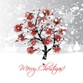 Christmas card design with winter rowan tree and Royalty Free Stock Photo