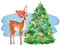 Christmas card design with young deer and fir tree. Watercolor Royalty Free Stock Photo